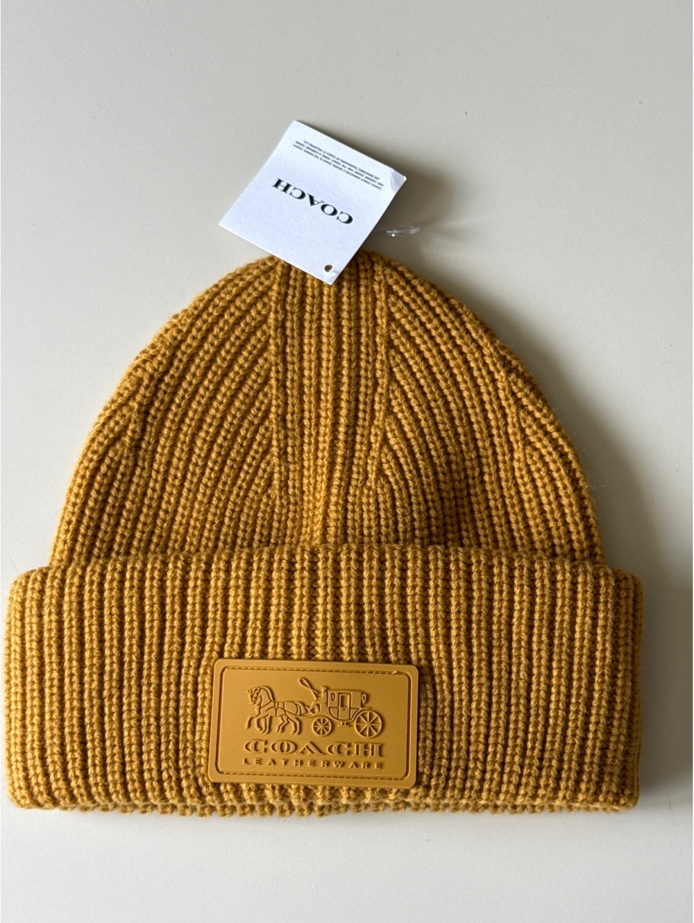 Coach Mustard Wool Knit Beanie Hat Womens Logo Patch Classic Solid One Size NWT